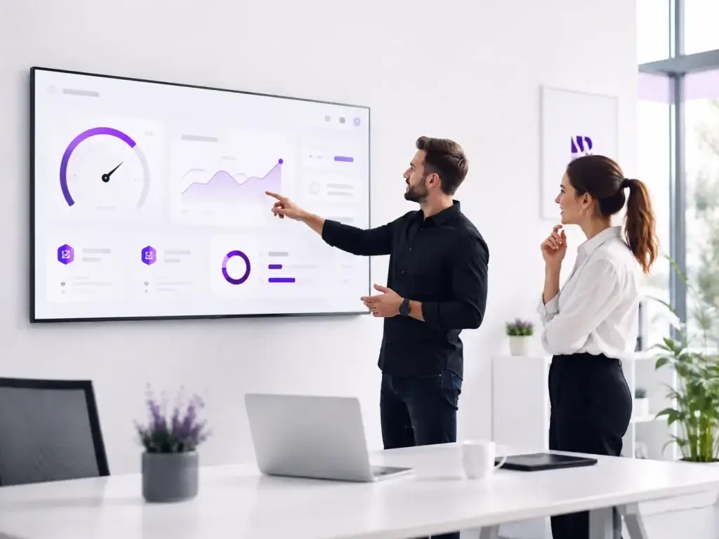 Twee professionals bespreken webtechnologie en websiteprestaties voor een groot digitaal dashboard in een moderne kantoorruimte.