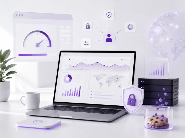 Moderne werkplek met laptop, beveiligingsicoon, cookie-elementen en prestatiedashboards als illustratie van cookiebeleid, webtechnologie en websiteprestaties.