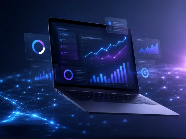 Laptop met digitale grafieken en dashboards die data-analyse, monitoring en verbetering van websiteprestaties laten zien.