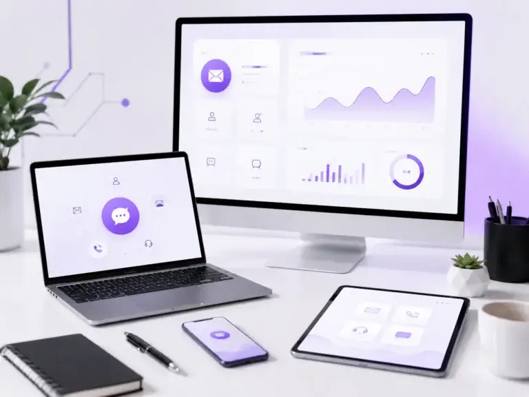 Moderne werkplek met desktop, laptop, tablet en smartphone waarop contactfuncties, dashboards en websiteprestaties zichtbaar zijn.