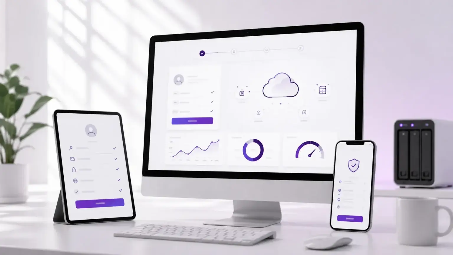 Moderne desktop, tablet en smartphone met registratie-interface, cloudfuncties en prestatiegegevens binnen een webtechnologie-omgeving.