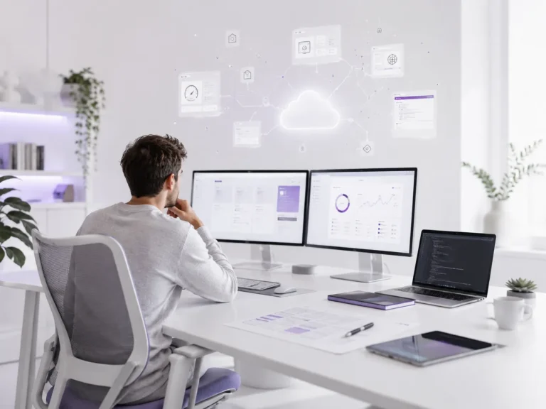 Moderne werkplek met meerdere schermen waarop cloudtechnologie, dashboards en websiteprestaties zichtbaar zijn binnen een professionele webtechnologie-omgeving.