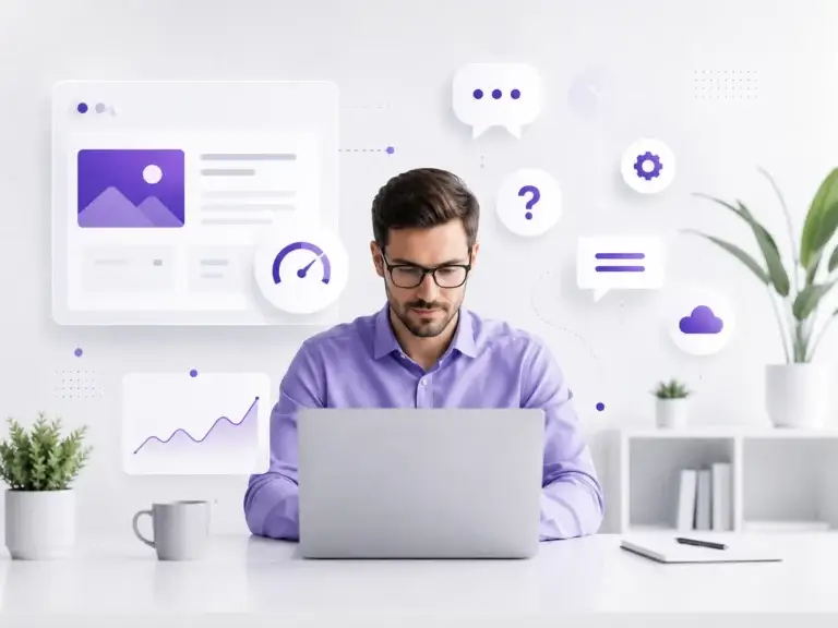 Professional werkt op een laptop met visuele vraag- en antwoordelementen, dashboards en prestatiegegevens over webtechnologie en websiteprestaties.