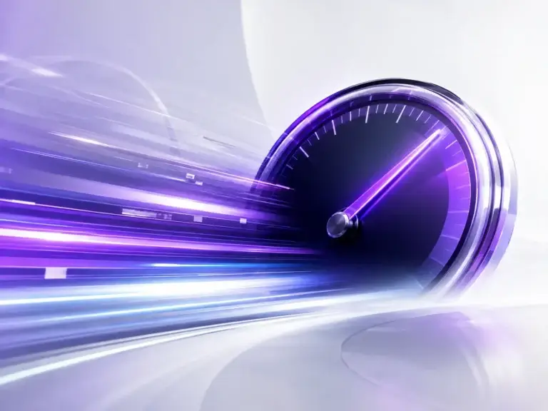Dynamische snelheidsmeter met lichteffecten die snelle laadtijden, prestaties en technische optimalisatie van websites symboliseert.