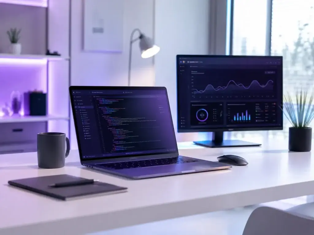 Moderne werkplek met laptop en monitor waarop code en prestatiegegevens zichtbaar zijn, passend bij webtechnologie en websiteprestaties.