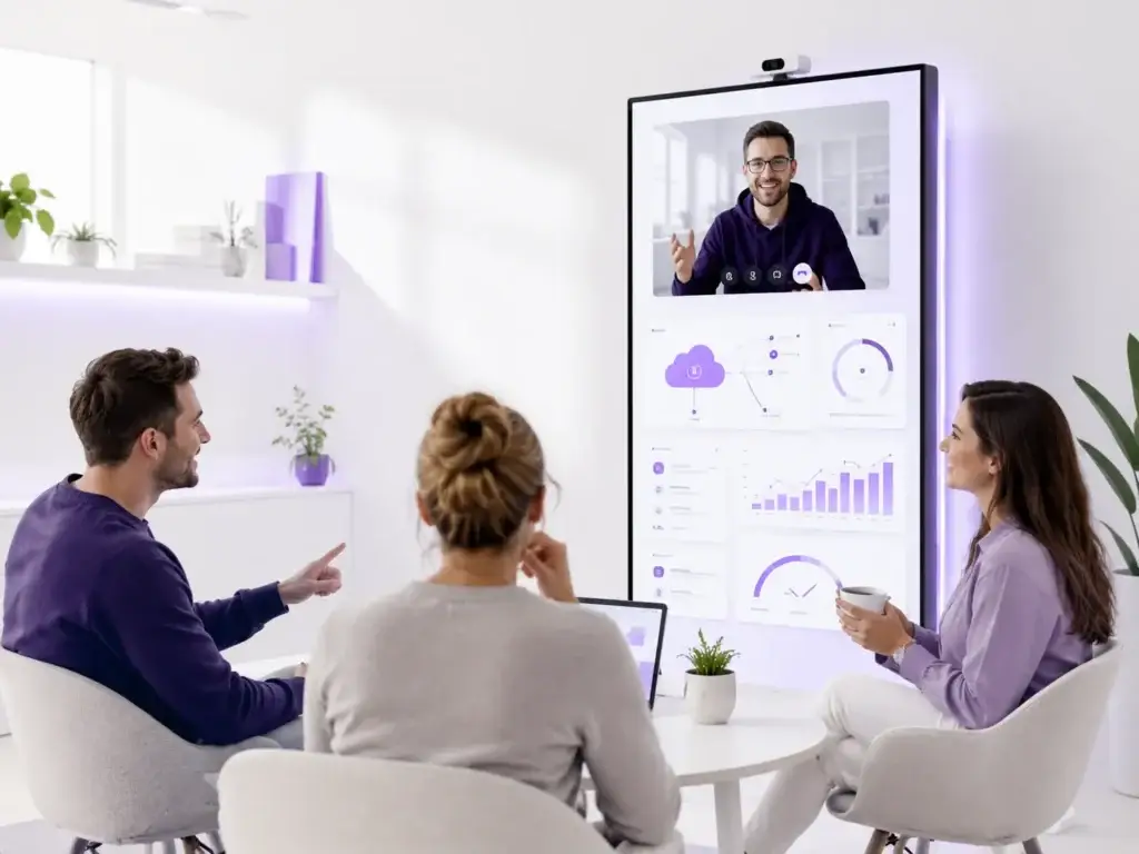 Team in videogesprek met een online specialist via een groot scherm over webtechnologie, cloudoplossingen en websiteprestaties.