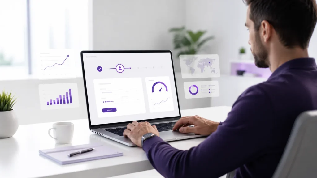 Professional werkt op een laptop met een digitaal registratieformulier en dashboards over webtechnologie en websiteprestaties.