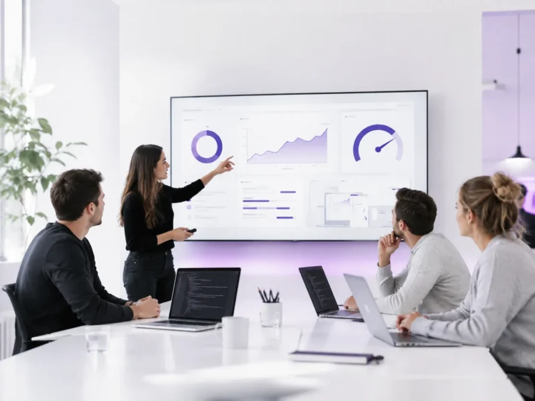 Teamvergadering in een moderne kantoorruimte waarbij webtechnologie, data-analyse en websiteprestaties worden besproken op een groot digitaal scherm.