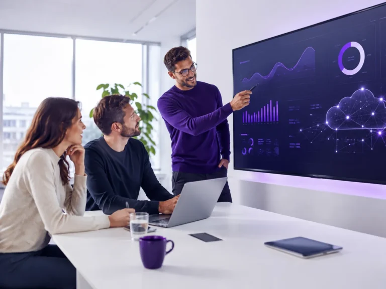 Teamoverleg met partners rond een digitaal dashboard over webtechnologie, cloudoplossingen en websiteprestaties in een moderne kantooromgeving.
