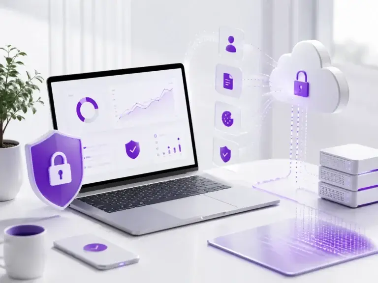 Moderne werkplek met laptop, cloudbeveiliging, privacy-iconen en prestatiedashboards als illustratie van privacybeleid, webtechnologie en websiteprestaties.
