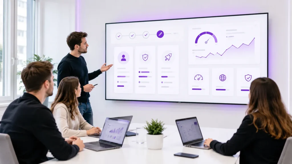 Teamoverleg in een moderne vergaderruimte over registratie, samenwerking en websiteprestaties met een groot digitaal dashboard op de achtergrond.