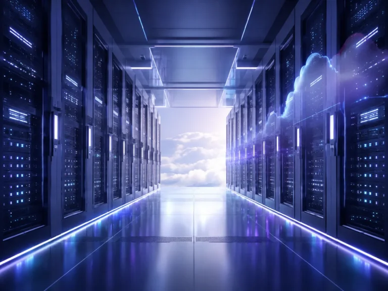 Verlichte serverruimte die cloudhosting en krachtige infrastructuur voor stabiele websiteprestaties en webtechnologie uitbeeldt.