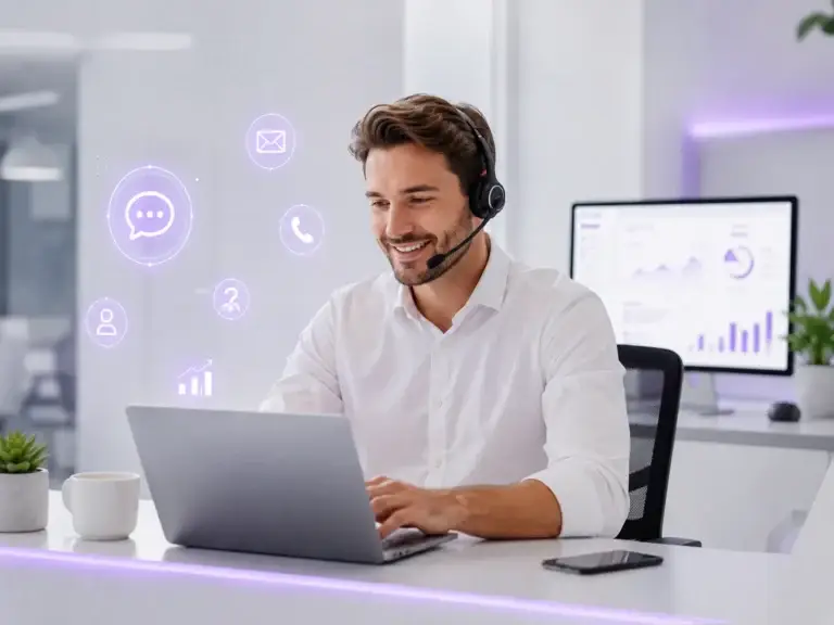 Supportmedewerker met headset werkt op een laptop in een moderne kantooromgeving, als illustratie van snelle technische ondersteuning en contact.